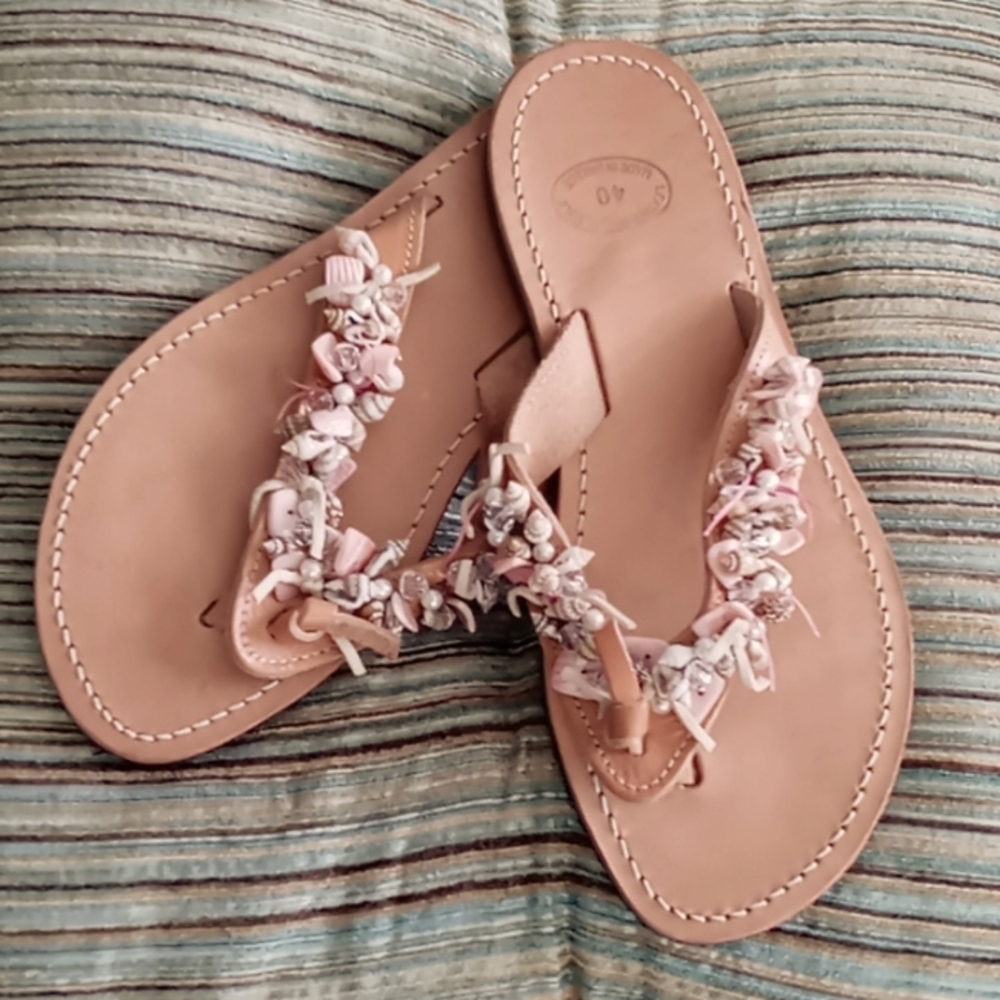 Handmade leather and seashells weeding Greek sandals.